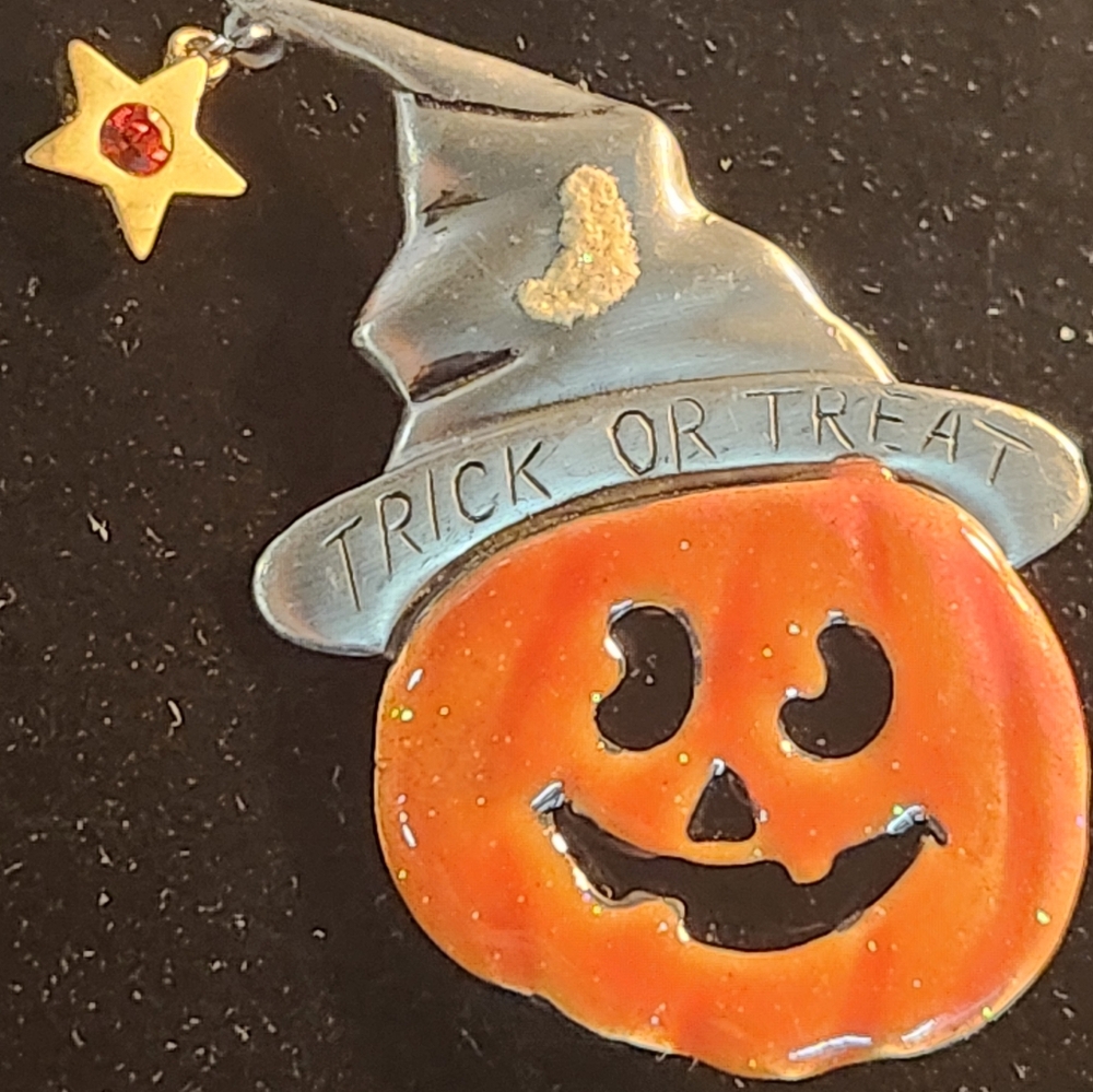 AJMC Pumpkin Halloween Trick or Treat with Crescent Moon Vintage Brooch, Signed